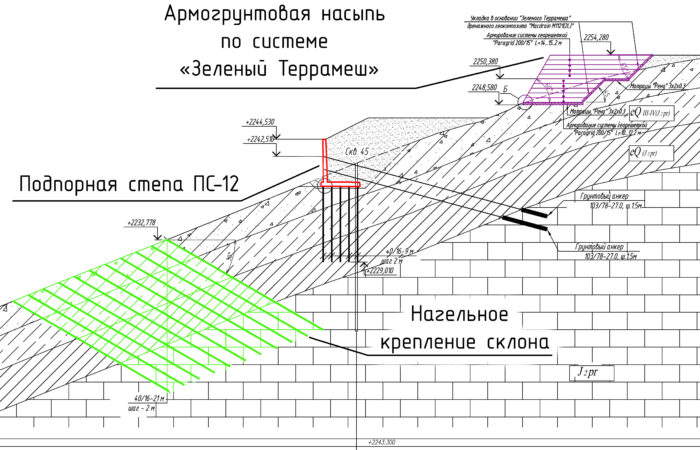 Разрез нагельное поле и армогрунтовая насыпь