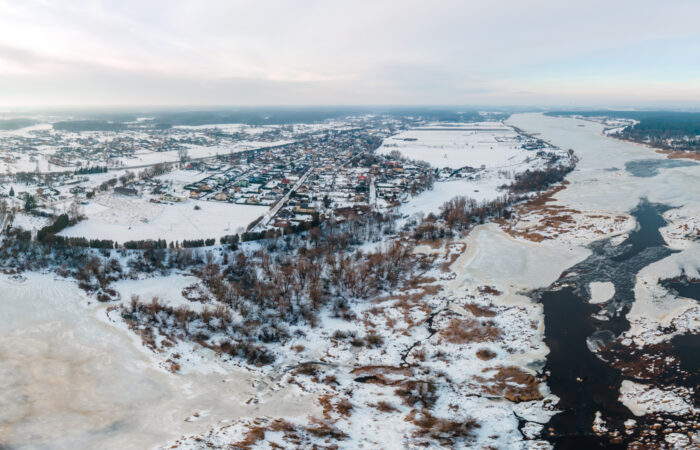 Amazing Aerial Panorama view of river Daugava in Winter in Latvi